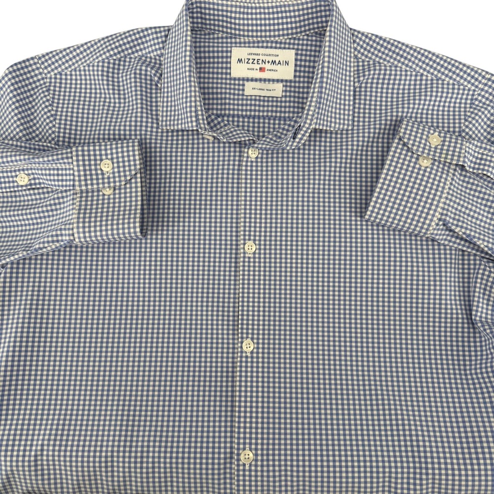 Mizzen+Main Leeward Blue Gingham Dress Shirt XXL Trim Fit Performance Stretch